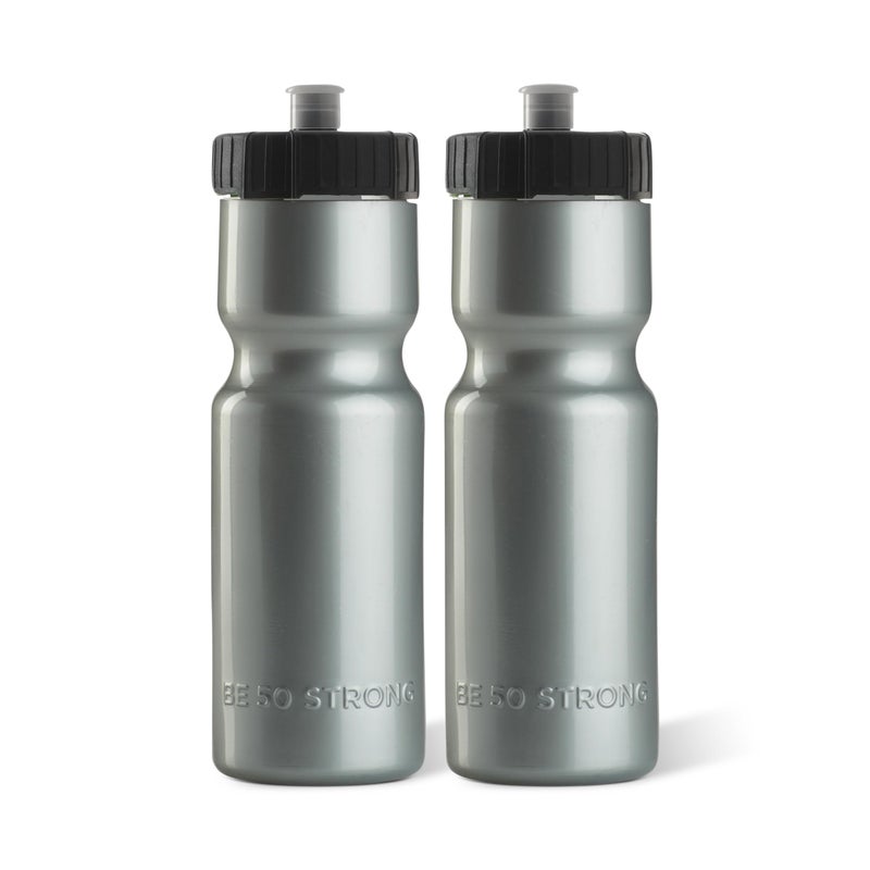 50 Strong Sports Water Bottles 2-Pack â€“ Reusable 22 oz BPA-Free Plastic Bottles with Pull Top Cap â€“ Made in USA â€“ Top Rack Dishwasher Safe â€“ Fits Most Bike Cages Brand - Silver - Image 1